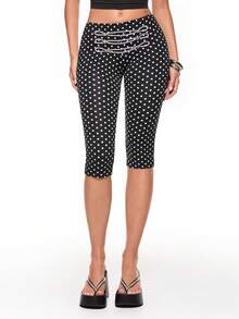 ROMWE Grunge Punk Vintage Napoleon Contrast Webbing Metal Buckle Design Ultra Low Waist Polka Dot Capri Pants - Black - View 4