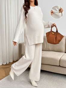 SHEIN Maternity Solid Color Crew Neck Side Slit Hem Sweater And Adjustable Waist Knit Long Pants Casual Set Winter - Apricot - View 1
