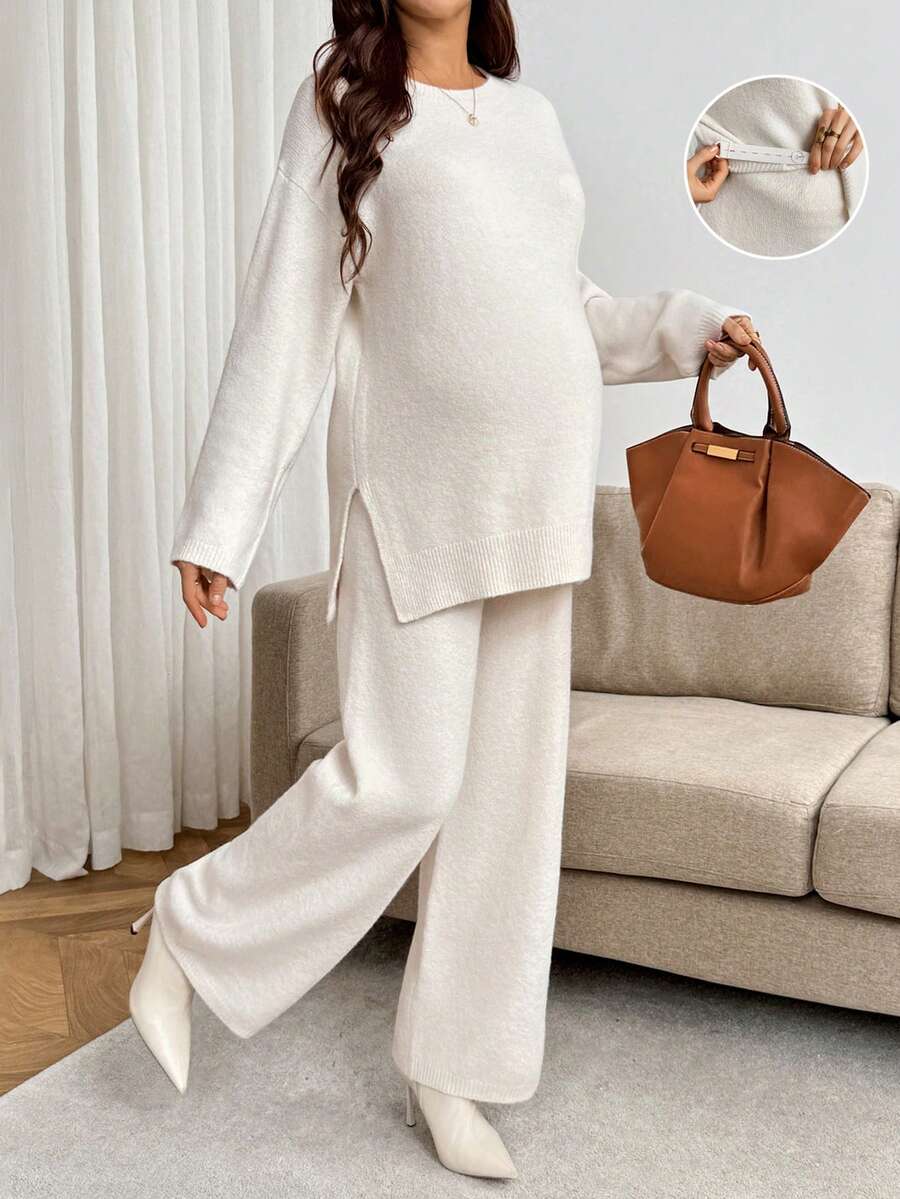 SHEIN Maternity Solid Color Crew Neck Side Slit Hem Sweater And Adjustable Waist Knit Long Pants Casual Set Winter - Apricot - View 1