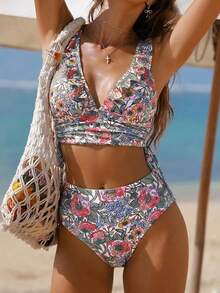 Swim Vcay Women's Allover Print Ruched Tankini Top And Triangle Bottoms Swimwear Set, Suitable For Summer Vacation And Beach Golf White Sexy - Multicolor - View 4