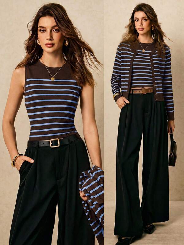 Poéselle Women's Striped Knit 2 Pieces Set, Cardigan And Cami Top, Fall Winter Sweater, Cute Tops, Back To School, Work Outfits, Going Out Top, Autumn/Winter