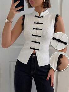 Firerie Women's New Black Lace Patchwork Frog Button Sleeveless Knit Top, Lace Patchwork Sweater, New Chinese Style Frog Button Sleeveless Vest Knitwear, Vintage Court Style Top, Retro Elegant Top, Suitable For Commuting, Dating, Graduation Ceremony, Performance, Concert, Work, Back To School, Women's Birthday And Other Occasions - White - View 5