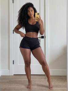 SHEIN Core Rhythm Women's Plus Size Solid Color Drawstring Waist Sports Shorts Bottoms Athletic Alternative Kawaii Gym Black Summer Gym Fair - Black - View 5