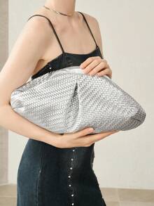 MOTF WOMEN'S FASHION PLEATED CLUTCH BAG, EXQUISITE SIMPLE SILVER WOVEN PATTERN PU BAG, FOR DAILY, DATING, VACATION, SHOPPING, COMMUTING - Silver - View 7