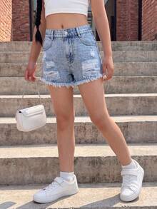 Tween Girls Y2K Streetwear Casual Style Jeans-Vintage Distressed Light Blue, Ripped Frayed, Relaxed Fit, Denim Back-To-School Travel Holiday Summer - Light Wash - View 9
