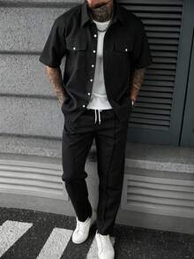 SLATEMANN Men's Casual Solid Color Button-Front Short Sleeve Shirt And Pants Set - Black - View 5