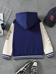 SHEIN 1件男童春秋款海軍藍與奶油色拼色美式學院風 LA 字母印花連帽棒球夾克，寬鬆版型，舒適，適合日常穿著、校園活動、休閒外出、運動聚會、拍照拍攝 - 彩色 - 查看 2