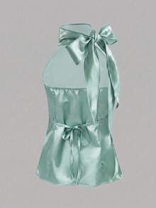 IslaSuriya Women's French Fashion Satin Bow Tie Halter Neck Top - Blue - View 4