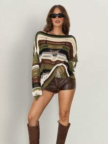 SHEIN ICON Women's Olive Green Dropped Shoulder Long Sleeve Distressed Knit Sweater Everyday Going Out Holiday Autumn Grunge Streetwear - Multicolor - View 5