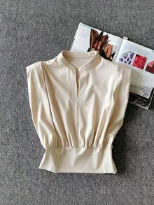 Olithes New Women's French Style Round Neck Elegant Commute Casual Slimming V-Neck Short Sleeve Top - Apricot - View 3