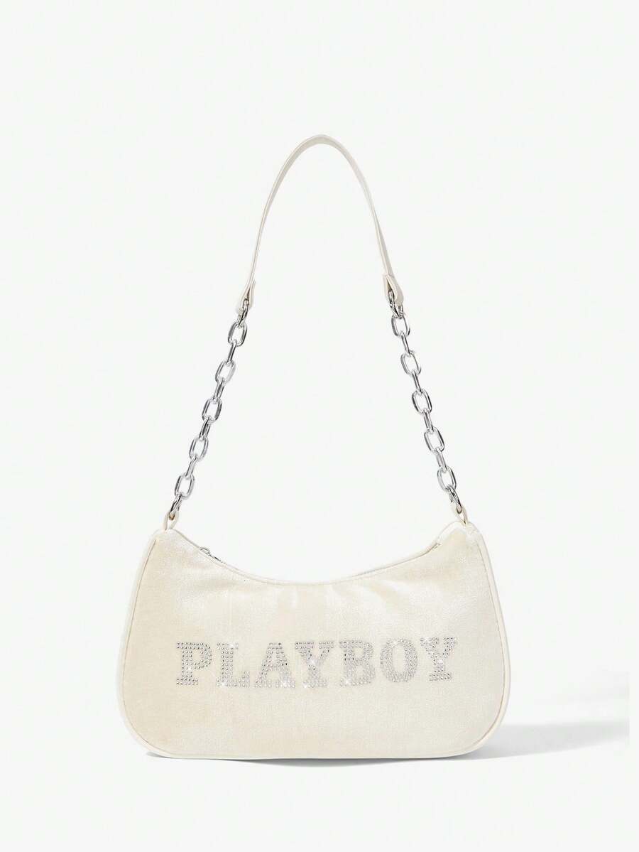 Missguided x Playboy 水鑽 Logo 絲絨肩背包,附鏈條背帶,法棍包/波希米亞包/手拿包,晚宴派對度假禮物 - 米色 - 查看 1