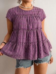 Freevana Plus Size Ruffle Hem Summer Casual Plaid Shirt - Purple - View 3