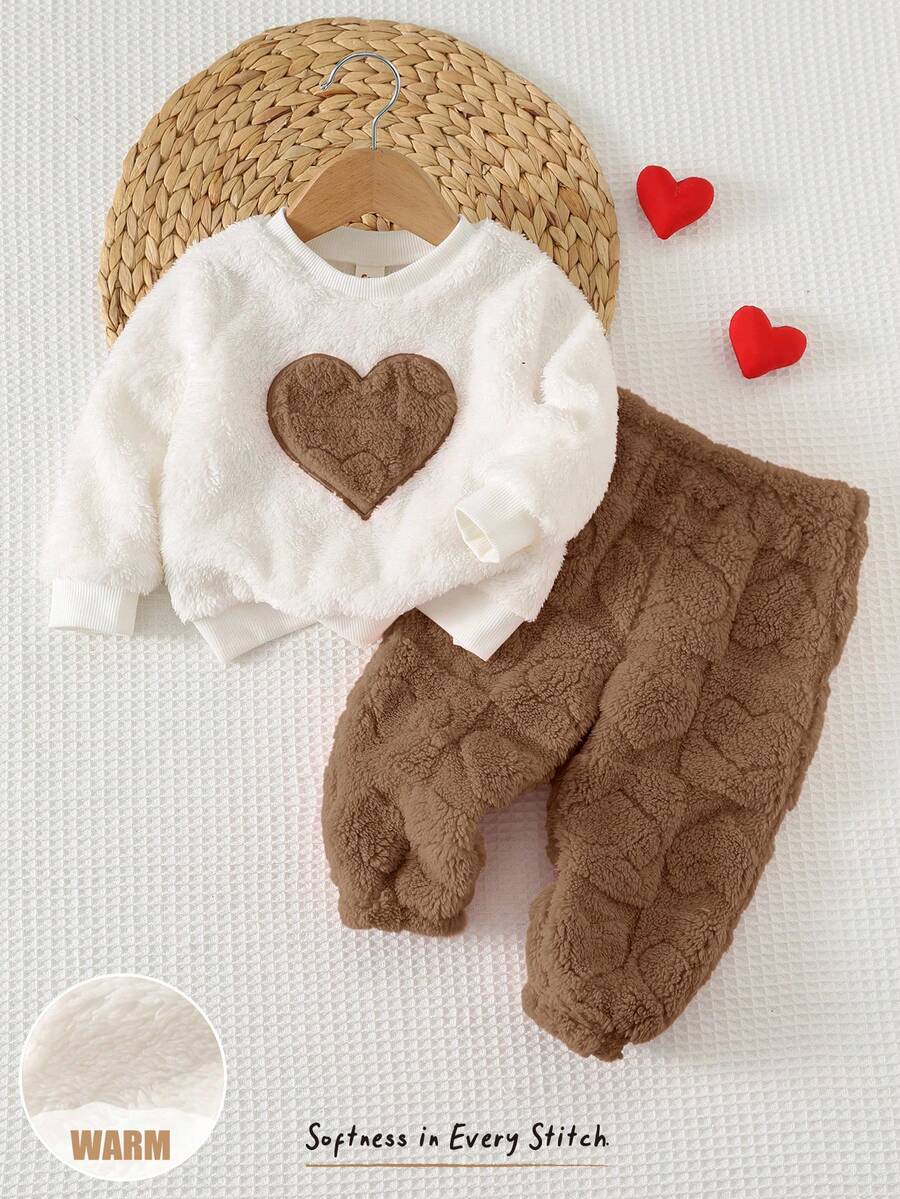 Cozy Pixies 2件組幼女服裝,舒適百搭時尚,日常可愛休閒極簡基本款,毛絨愛心圖案紋理,秋冬季節,適合多種場合,戶外滑雪、返校、運動、派對、假期,保暖套裝居家服 - 棕色 - 查看 1