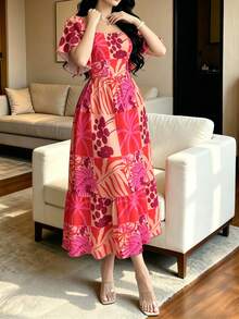 Modelyn 女款大尺碼龜背葉與花卉剪影圖案法式碎花洋裝，時尚方領泡泡短袖洋裝，下擺荷葉邊設計，玫瑰紅與卡其色拼接洋裝，夏季度假風波希米亞風格穿搭 - 彩色 - 查看 3