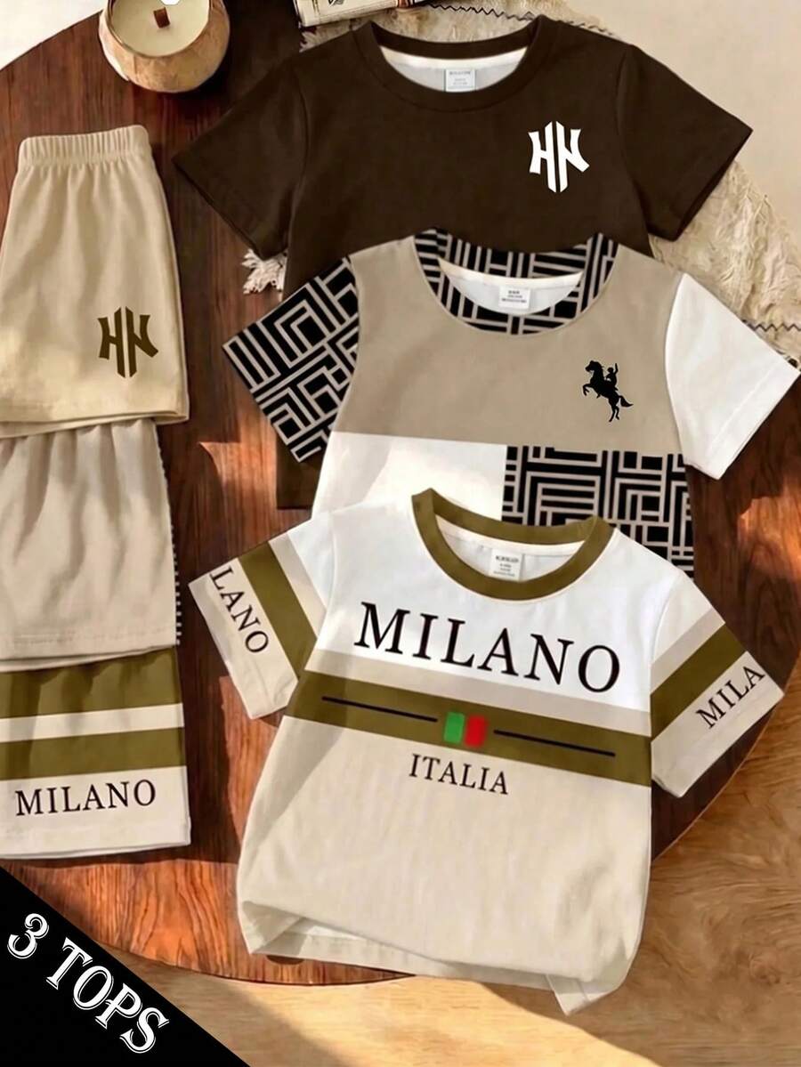 RANDOM 6 PCS SEND 3 PCS Young Boy T-Shirt 3-Piece Set, Classic Color Block Patchwork Vintage Graphic Print, Cool Casual City Name Text Graphic Print, Suitable For Back To School Season - Multicolor - View 1