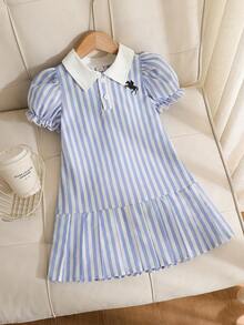 1件女童夏季藍白條紋學院風小馬刺繡泡泡短袖不對稱百褶 Polo 洋裝，適合學校、外出、春季旅行、公園遊玩、聚會、購物 - 藍色 - 查看 5