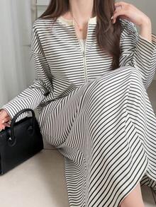 FRIFUL 女款條紋落肩長袖拉鍊半開襟休閒長洋裝 - 杏色 - 查看 6