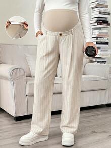 SHEIN Maternity Black Adjustable Waist Casual Soft Form Simple Daily Wear Delivery Long Pants Going Out Work Homewear Gender Reveal Autumn Teachers' Day - Khaki - View 3