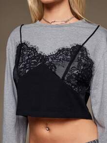 BAD SUNDAY Women's All-Season Lace Camisole Patchwork Long Sleeve T-Shirt, 2 In 1 Y2K Millennium Hot Girl Cool Innerwear - Grey - View 7
