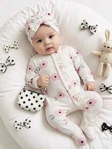 SHEIN Autumn/Winter Comfort  راحة استثنائية Súper Cómodo Newborn Bow Print Cute Baby Romper + Hat 1 Month Milestones Cute - White - View 1