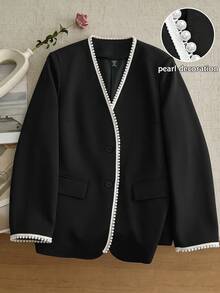GlowEve CURVE Blazer Lengan Panjang Kasual Wanita Ukuran Plus dengan Motif Blok Warna dan Dekorasi Mutiara Imitasi untuk Beraktivitas di Luar Rumah - Hitam - View 1