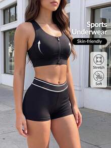 Zolique Sports Fashion Bra With Removable Padding, Front Full Zip, High Support, Criss-Cross Back Design Sports Underwear - Black - View 4