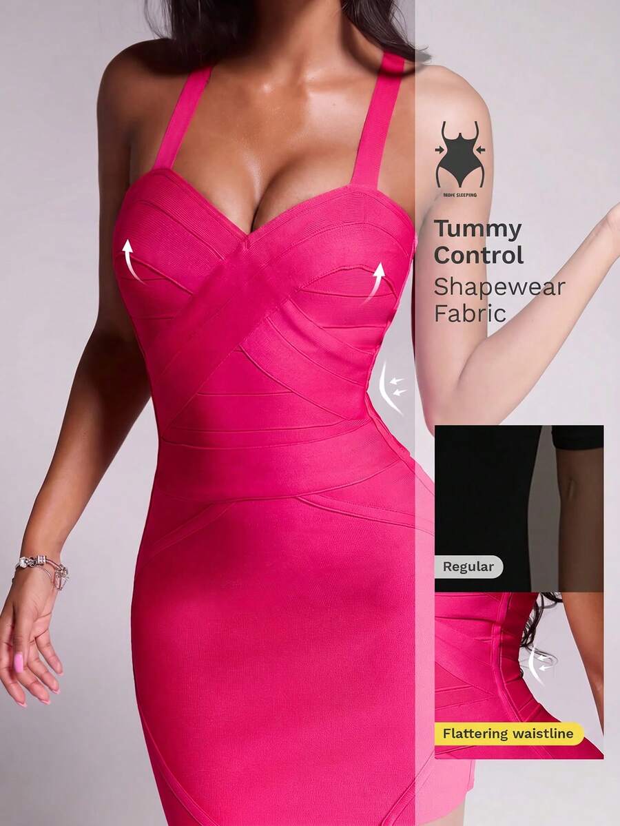 Nuvra Sexy Spaghetti Strap Short Dress With Woven Ribbon Line Decor, Fashionable Curve-Flattering And Height-Enhancing - Coral Pink - View 1