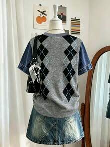 Lalippa New Retro Collegiate Style Color-Block Plaid Short-Sleeved Shirt, Currently Popular, Fashionable , Sister Outfits - Multicolor - View 2