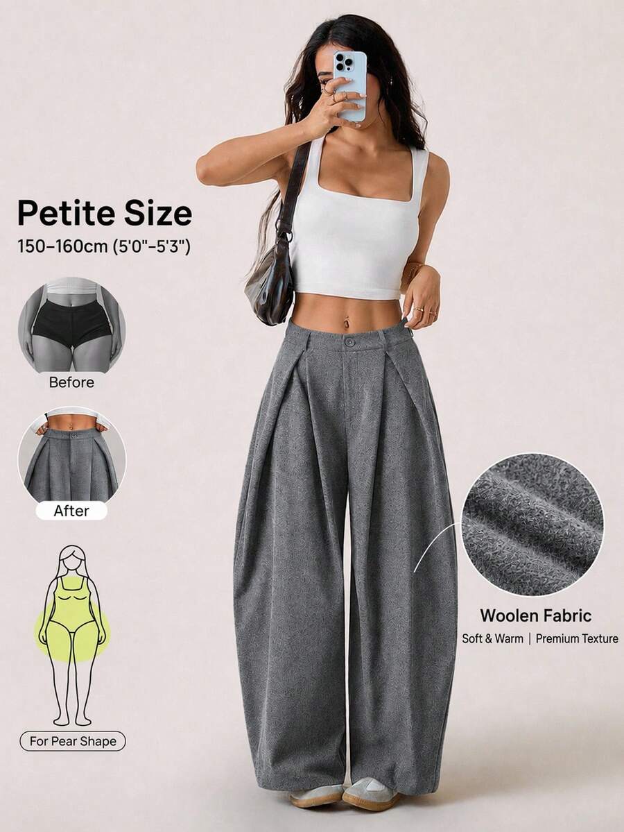 SHEIN PETITE 女款秋冬復古休閒街頭風寬鬆版型弧形下擺長褲，弧形褲腿，灰色花卉