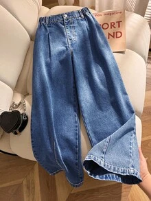 SHEIN 女童夏季棉質水洗多功能時尚休閒舒適寬鬆彈性腰藍色水洗牛仔長褲 - 中等水洗藍 - 查看 1