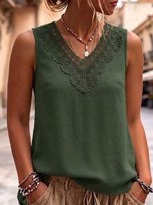 EMERY ROSE Plus Size Women's Spring/Summer Mid-Length Pom Pom Jacquard Fabric Simple Loose Fit Sleeveless Pullover Shirt Formal Evening Olive Green Elegant - Dark Green - View 8