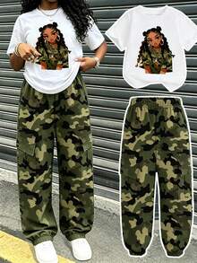 SHEIN 2 Stücke/Set Teenager Mädchen Lässiges Mode Camouflage Muster Outfit, verspieltes cooles Camo Muster Design, Kurzarm Rundhals T-Shirt mit Cargohose, geeignet für Frühling Sommer Herbst, Freizeitkleidung für Schulanfang, Party, Outdoor Picknick, Straßenfotografie, Campus, Festival, Geschenk - Weiss - Übersicht 1