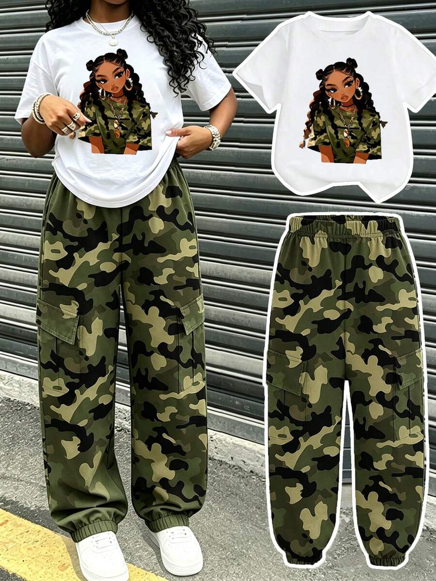 SHEIN 2 Stücke/Set Teenager Mädchen Lässiges Mode Camouflage Muster Outfit, verspieltes cooles Camo Muster Design, Kurzarm Rundhals T-Shirt mit Cargohose, geeignet für Frühling Sommer Herbst, Freizeitkleidung für Schulanfang, Party, Outdoor Picknick, Straßenfotografie, Campus, Festival, Geschenk - Weiss - Übersicht 1