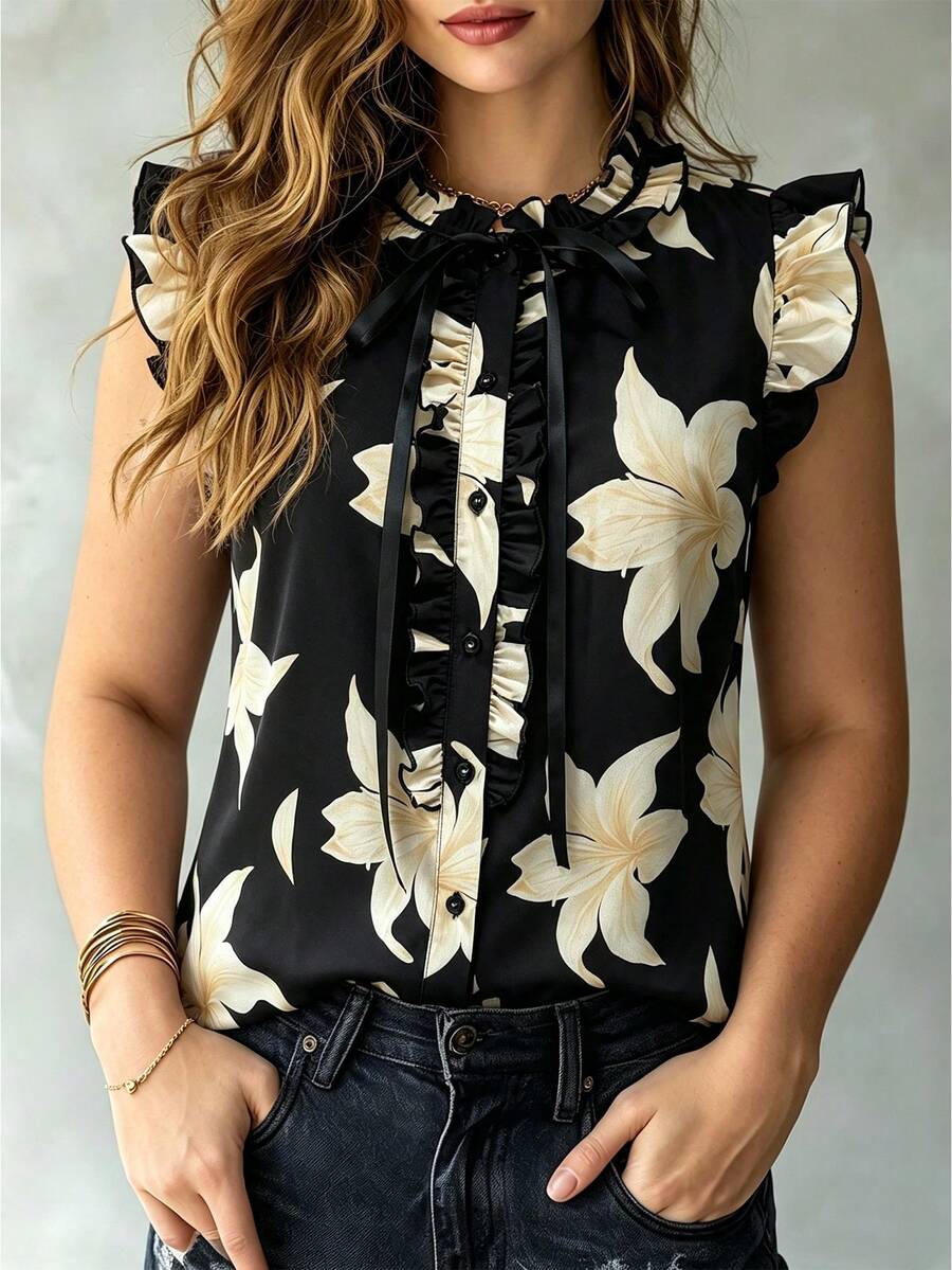 SHEIN Clasi CURVE Large-Sized Woven Casual Elegant Summer Women's Shirt Tea Party Black - Black - View 1