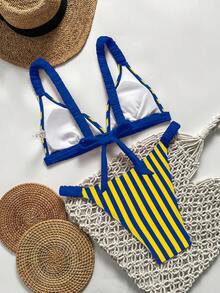SHEIN Swim 女款夏季度假休閒海灘穿著 紅藍條紋印花兩件式比基尼套裝 綁帶式泳衣 - 彩色 - 查看 6