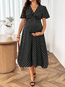 SHEIN 孕婦波點V領短袖優雅洋裝 - 黑色 - 查看 2