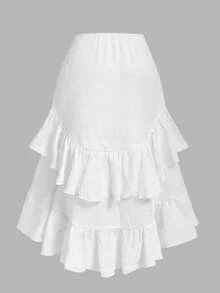 SHEIN MOD Plus Size Women Textured Fabric Layered Ruffle Drawstring Asymmetrical High-Low Skirt Summer Boho Bohemian Vacation Brunch White - White - View 2