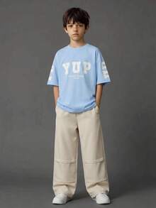 SHEIN Casuvi Kids 青少年男孩字母印花短袖T恤與長褲休閒兩件套 - 藍色 - 查看 3