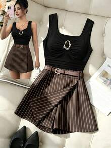Elenzga Setelan 2 Potong Atasan Tank Top dan Celana Pendek Bergaris untuk Wanita di Musim Panas (Untuk Bepergian) - Coklat - View 2