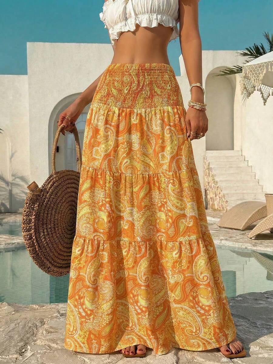 SHEIN Tall 女款春夏度假休閒波西米亞風夏威夷花卉印花抓皺長裙 橘黃色沙灘裙 - 鵝黃色 - 查看 1
