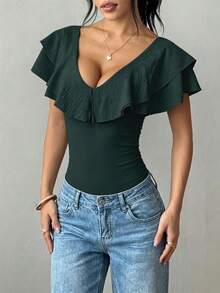 Rafferiza Women's Casual Sexy Solid Color Ruffle Bodysuit, Summer Going Out Dark Green - Dark Green - View 1