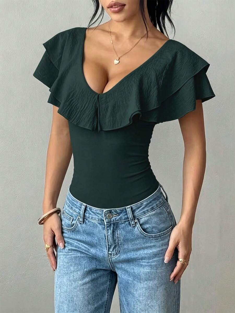 Rafferiza Women's Casual Sexy Solid Color Ruffle Bodysuit, Summer Going Out Dark Green - Dark Green - View 1