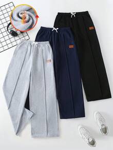 3件組青少年男孩休閒運動長褲，黑色、灰色、深藍色，適合秋冬、學校、日常穿著、運動、生日派對、外出，百搭簡約 - 彩色 - 查看 4