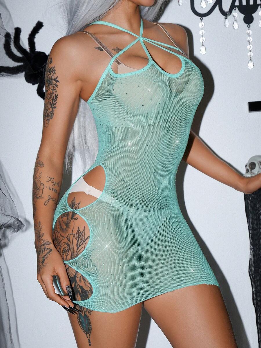 AltCore Camisola Sexy Feminina Azul Y2K com Alta Elasticidade, Recorte, Strass e Glitter, Charmosa e Personalizada - Azul petróleo - Visão 1