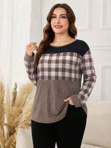 Lacomfia Autumn/Winter Elegant Casual Loose Versatile Print Element Patchwork Round Neck Pullover Long Sleeve Plus Size Women's T-Shirt - Multicolor - View 5