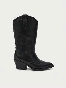 Nöista Classic Western Boot With Embroidered Detailing, Pointed Toe, Side Zip Closure And Stacked Block Heel For All-Day Wear. Fall Boots - Black - View 3