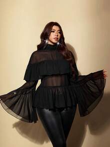 Viva Relle Plus Size Sexy Street Sheer Ruffle Hem Blouse - Black - View 6