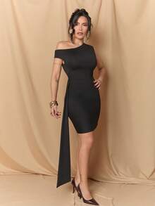 Dania Mndz Shop Women's Summer Solid Oblique-Shoulder Asymmetrically Ruched Bodycon Mini Dress With Draped Straps,Summer DressesSpring Clothes Black Elegant - Black - View 1