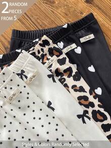 SHEIN 5pcs Random 2pcs Spring Summer All Season Girls Polka Dot Heart Leopard Print Sweet Cute Versatile Soft Comfortable Ribbed Ribbed Knit Leggings Set - Multicolor - View 5