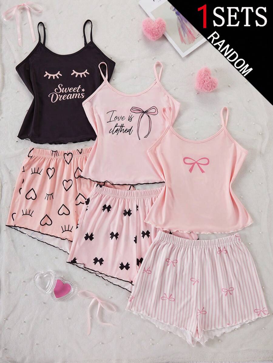 1套女青少年居家服盲盒風3合1套裝,包含3款不同風格的吊帶背心與短褲套裝:黑色底文字風、粉黑愛心睫毛風、黑粉蝴蝶結風、粉白條紋蝴蝶結風,主色調黑與粉,甜酷女孩風,柔軟親膚針織面料,柔軟彈性針織面料,可機洗,舒適貼身(1套從3款中隨機選取) - 彩色 - 查看 1